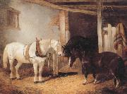 Three Horses in A stable,Feeding From a Manger John Frederick Herring